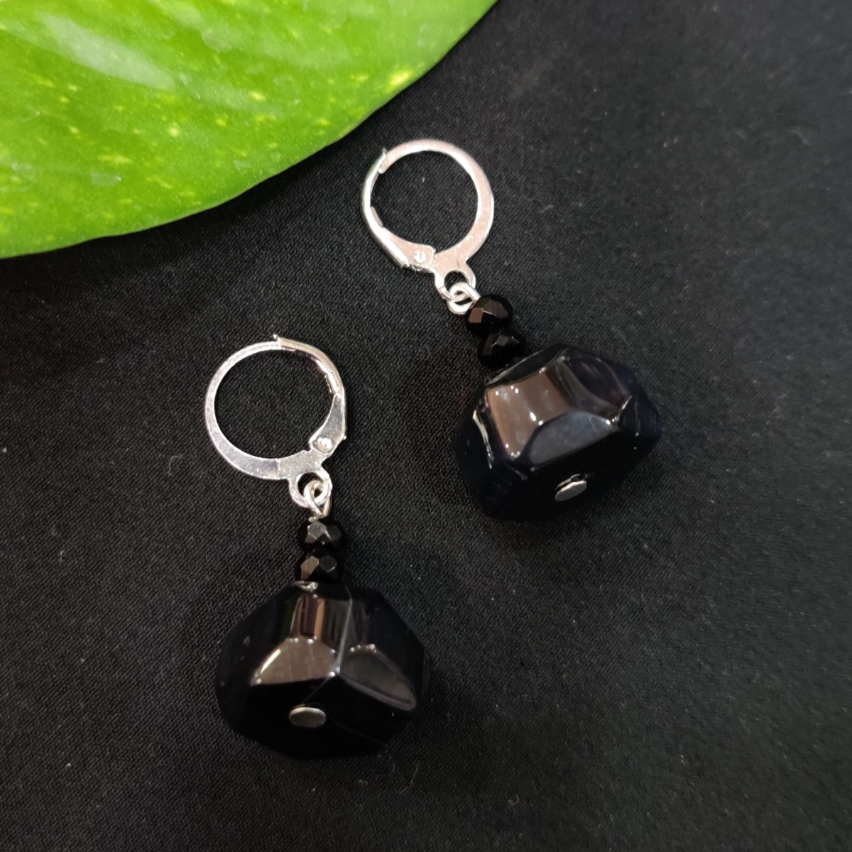 CZ earrings with 9mm black coloured stone and grey pearl 