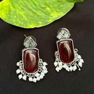 Stone Studs, Silver Finish with Pearl drops, Maroon