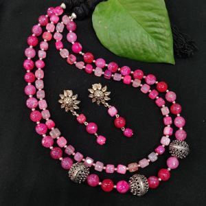 Onyx And Agate With German Silver Spacers In 2 Layers With Back Rope, Pink