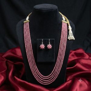 5 Layer LIGHT PINK Agate Necklace Matching Hook Earrings, 20 Inch Elegant Ethnic Jewellery Set for Weddings, Parties & Festive Wear