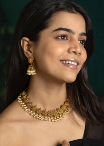 Navrabeads Matt Finish Necklace Set with Gold Pearls for Women | Elegant Antique-Style Pearl Necklace with Matching Earrings | Premium Ethnic Jewelry for Festive, Wedding & Traditional Wear