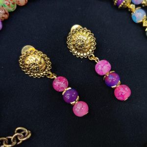 Pink And Purple Printed Glass Beads Earrings