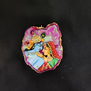 Onyx Pendant features a RadhaKrishna painting on Onyx Stones detailed with Gold foil borders
