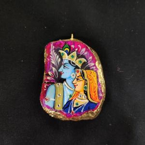 Onyx Pendant features a RadhaKrishna painting on Onyx Stones detailed with Gold foil borders
