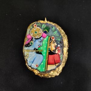 Onyx Pendant features a RadhaKrishna painting on Onyx Stones detailed with Gold foil borders
