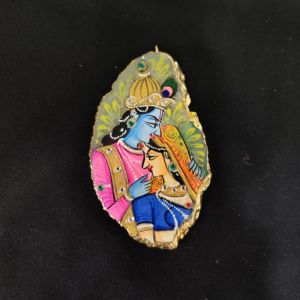 Onyx Pendant features a RadhaKrishna painting on Onyx Stones detailed with Gold foil borders
