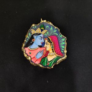 Onyx Pendant features a RadhaKrishna painting on Onyx Stones detailed with Gold foil borders
