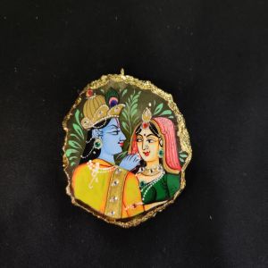 Onyx Pendant features a RadhaKrishna painting on Onyx Stones detailed with Gold foil borders
