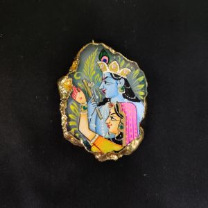 Onyx Pendant features a RadhaKrishna painting on Onyx Stones detailed with Gold foil borders

