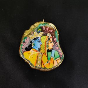 Onyx Pendant features a RadhaKrishna painting on Onyx Stones detailed with Gold foil borders
