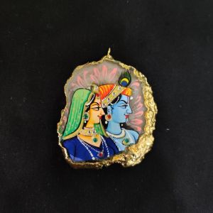Onyx Pendant features a RadhaKrishna painting on Onyx Stones detailed with Gold foil borders
