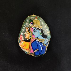 Onyx Pendant features a RadhaKrishna painting on Onyx Stones detailed with Gold foil borders

