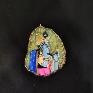 Onyx Pendant features a RadhaKrishna painting on Onyx Stones detailed with Gold foil borders
