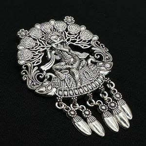 Antique Silver Metal Krishna Pendant With Charms