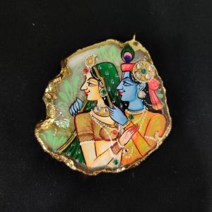 Onyx Pendant features a RadhaKrishna painting on Onyx Stones detailed with Gold foil borders
