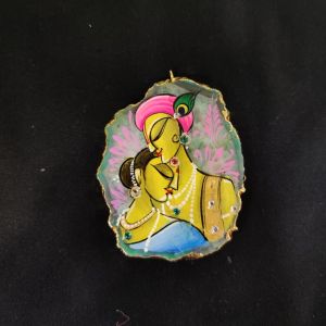 Onyx Pendant features a RadhaKrishna painting on Onyx Stones detailed with Gold foil borders
