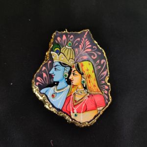 Onyx Pendant features a RadhaKrishna painting on Onyx Stones detailed with Gold foil borders
