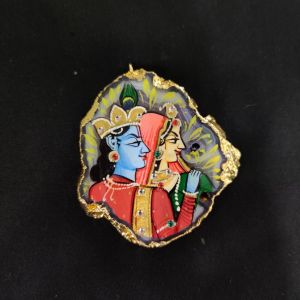 Onyx Pendant features a RadhaKrishna painting on Onyx Stones detailed with Gold foil borders
