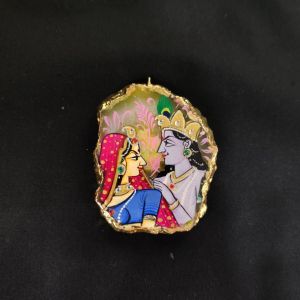 Onyx Pendant features a RadhaKrishna painting on Onyx Stones detailed with Gold foil borders
