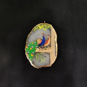 Onyx Pendant features a Peacock painting on Onyx Stones detailed with Gold foil borders

