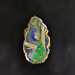 Onyx Pendant features a Peacock painting on Onyx Stones detailed with Gold foil borders
