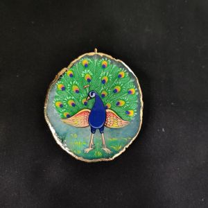 Onyx Pendant features a Peacock painting on Onyx Stones detailed with Gold foil borders
