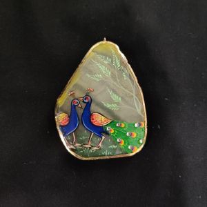 Onyx Pendant features a Peacock painting on Onyx Stones detailed with Gold foil borders
