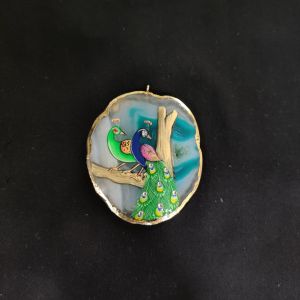 Onyx Pendant features a Peacock painting on Onyx Stones detailed with Gold foil borders
