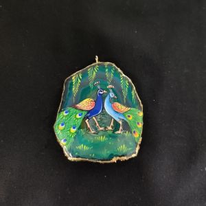 Onyx Pendant features a Peacock painting on Onyx Stones detailed with Gold foil borders
