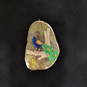 Onyx Pendant features a Peacock painting on Onyx Stones detailed with Gold foil borders
