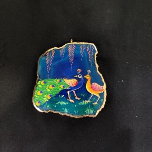 Onyx Pendant features a Peacock painting on Onyx Stones detailed with Gold foil borders
