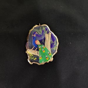 Onyx Pendant features a Peacock painting on Onyx Stones detailed with Gold foil borders

