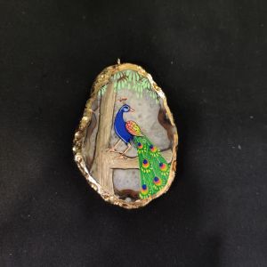 Onyx Pendant features a Peacock painting on Onyx Stones detailed with Gold foil borders
