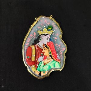 Onyx Pendant features a RadhaKrishna painting on Onyx Stones detailed with Gold foil borders