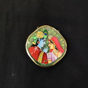 Onyx Pendant features a RadhaKrishna painting on Onyx Stones detailed with Gold foil borders