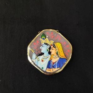 Onyx Pendant features a RadhaKrishna painting on Onyx Stones detailed with Gold foil borders