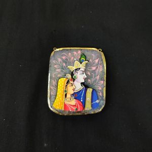 Onyx Pendant features a RadhaKrishna painting on Onyx Stones detailed with Gold foil borders