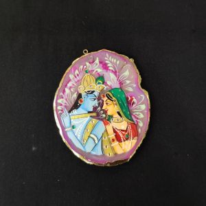 Onyx Pendant features a RadhaKrishna painting on Onyx Stones detailed with Gold foil borders