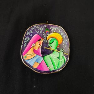 Onyx Pendant features a RadhaKrishna painting on Onyx Stones detailed with Gold foil borders