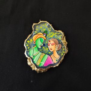 Onyx Pendant features a RadhaKrishna painting on Onyx Stones detailed with Gold foil borders