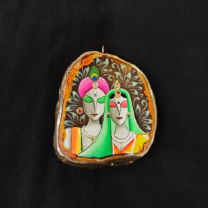 Onyx Pendant features a RadhaKrishna painting on Onyx Stones detailed with Gold foil borders