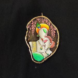 Onyx Pendant features a RadhaKrishna painting on Onyx Stones detailed with Gold foil borders