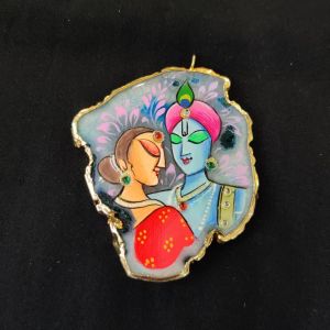 Onyx Pendant features a RadhaKrishna painting on Onyx Stones detailed with Gold foil borders