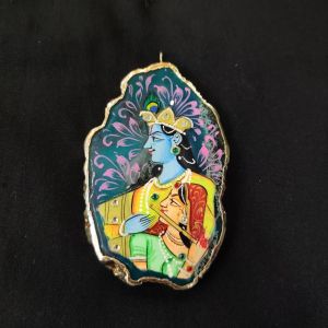 Onyx Pendant features a RadhaKrishna painting on Onyx Stones detailed with Gold foil borders