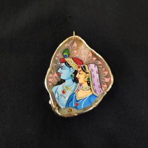 Onyx Pendant features a RadhaKrishna painting on Onyx Stones detailed with Gold foil borders