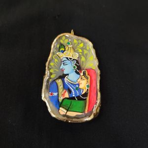 Onyx Pendant features a RadhaKrishna painting on Onyx Stones detailed with Gold foil borders