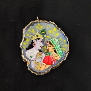 Onyx Pendant features a RadhaKrishna painting on Onyx Stones detailed with Gold foil borders