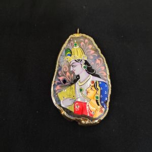Onyx Pendant features a RadhaKrishna painting on Onyx Stones detailed with Gold foil borders