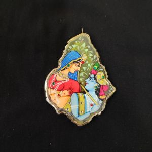 Onyx Pendant features a RadhaKrishna painting on Onyx Stones detailed with Gold foil borders