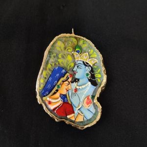 Onyx Pendant features a RadhaKrishna painting on Onyx Stones detailed with Gold foil borders